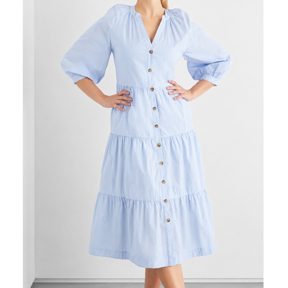 Iris & Ink Blue Carla Gathered Organic Cotton Poplin Midi Dress‎ Tiered Size 16